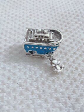 Blue Anchored Cruise Ship Silver Charm For Pandora Bracelet or Necklace